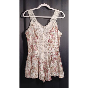 VTG 80s Large Lady Cameo Dallas Floral Ribbed Satin Romper with Lace Trim USA